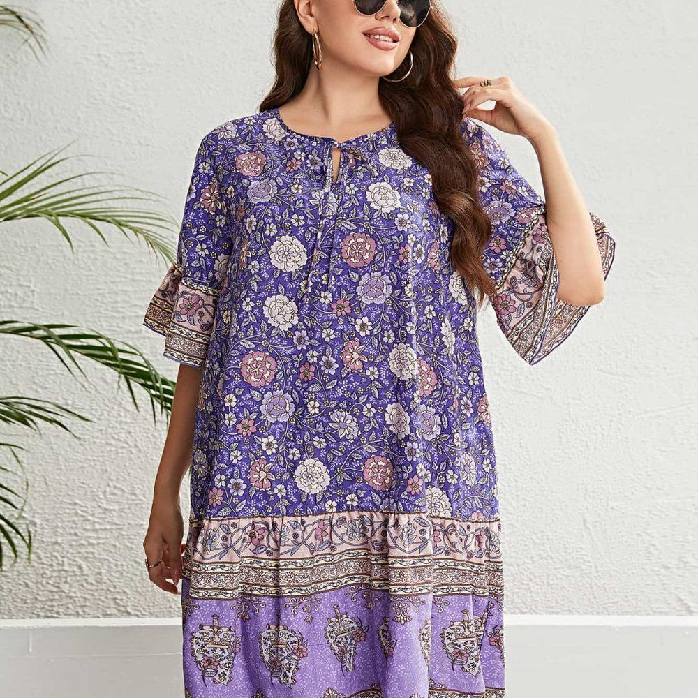 White Label Women's Purple Plus Size Floral Tie Neck Flounce Sleeve Mini Dress - Picture 3 of 6